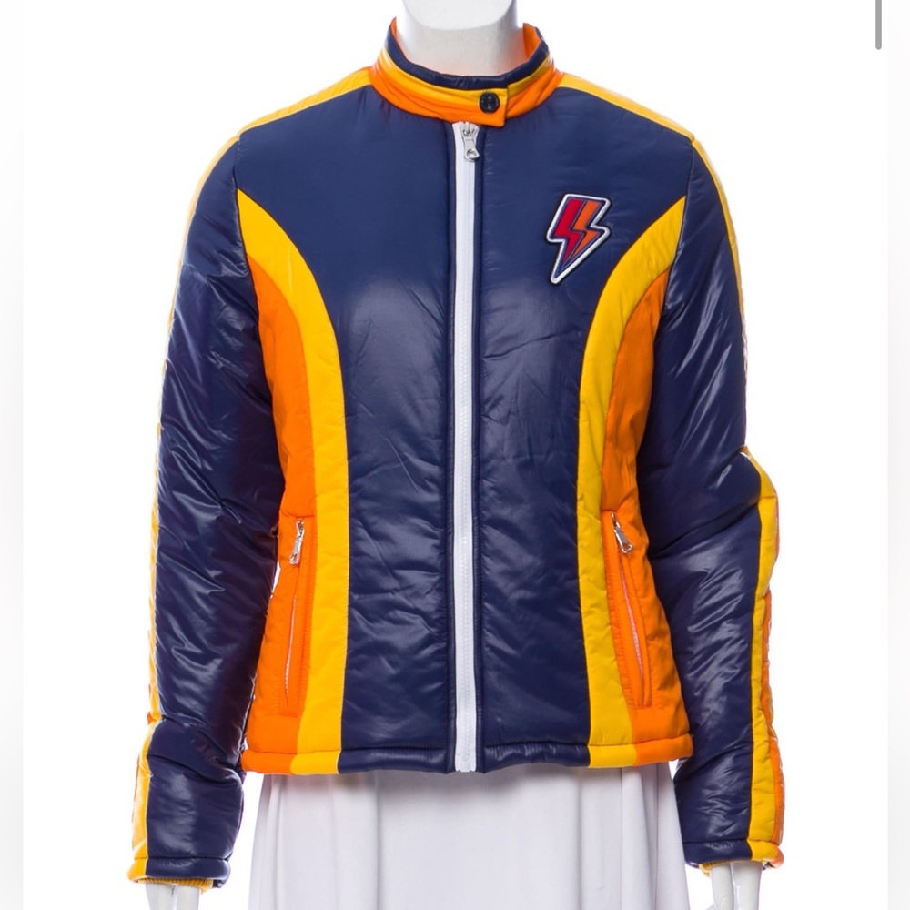 Mother “The High Flyer”puffer jacket. Blue/orange/yellow with zip & ribbed cuffs